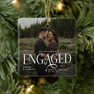 First Christmas Engaged Chic Couples 2 Photos Ceramic Ornament