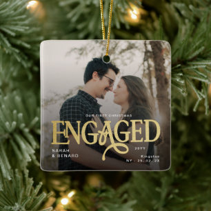 First Christmas Engaged Chic Couples 2 Photos Ceramic Ornament