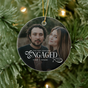 First Christmas Engaged Chic Couples Photo Ceramic Ornament
