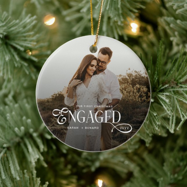 First Christmas Engaged  Chic Couples Photo Ceramic Ornament (Tree)