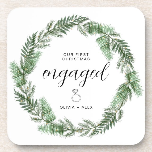 First Christmas Engaged Christmas Gift For Couples Beverage Coaster (Front)