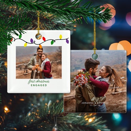 First Christmas Engaged Colorful Christmas Lights Ceramic Ornament