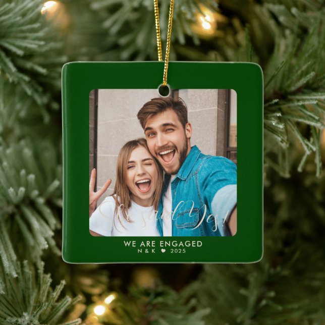 First Christmas Engaged Couple Custom Photo Ceramic Ornament (Tree)