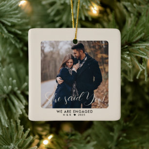 First Christmas Engaged Couple Custom Photo Ceramic Ornament