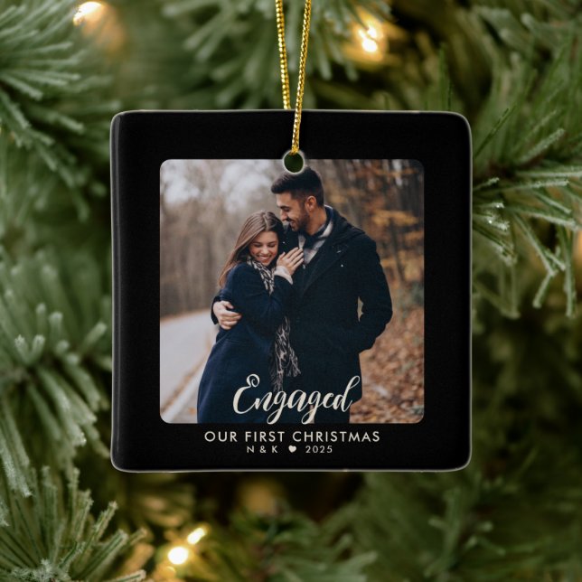 First Christmas Engaged Couple Personalized Photo Ceramic Ornament (Tree)