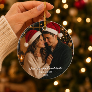 First Christmas Engaged Couple Photo Ceramic Ornament