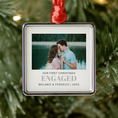 First Christmas  ENGAGED COUPLE photo  GRAY Metal Ornament