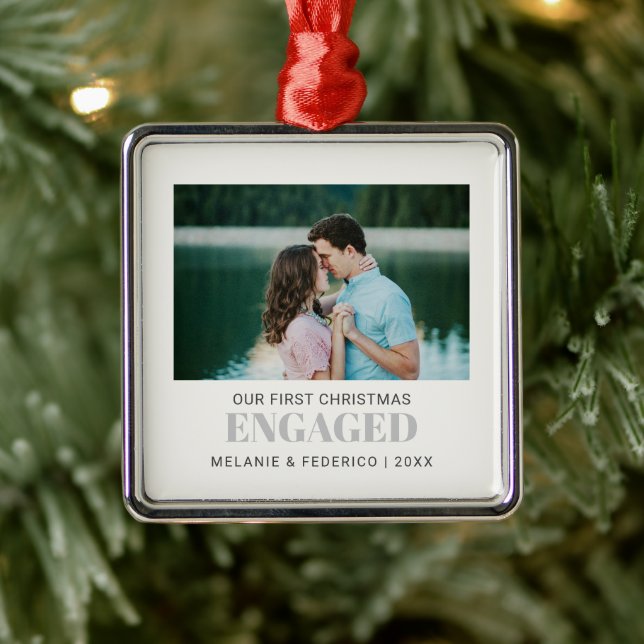 First Christmas  ENGAGED COUPLE photo  GRAY Metal Ornament (Tree)