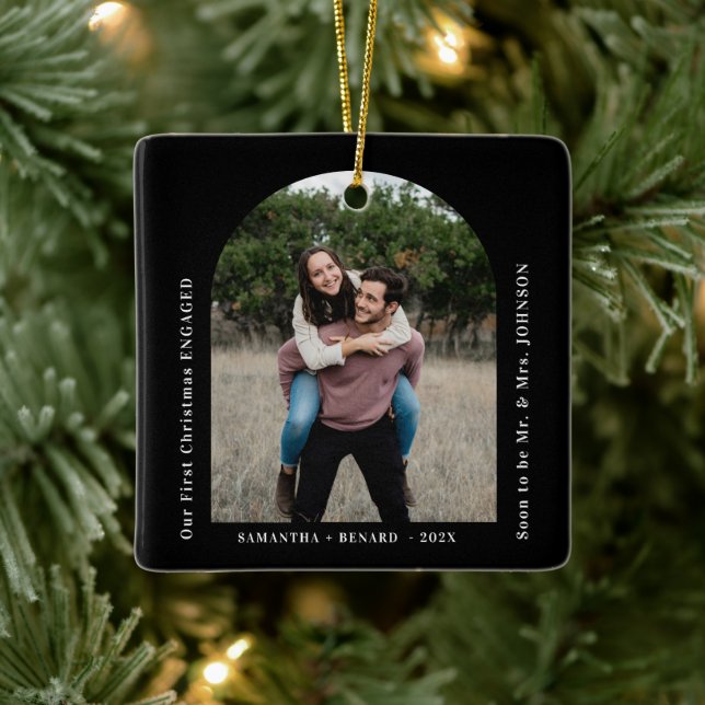 First Christmas Engaged Couples Photo Arch Ceramic Ornament (Tree)