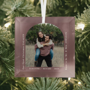 First Christmas Engaged Couples Photo Arch Glass Ornament