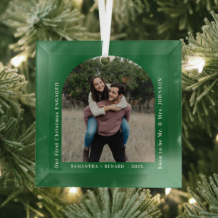 First Christmas Engaged Couples Photo Arch Glass Ornament