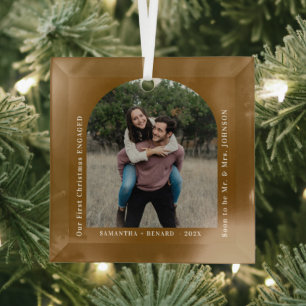 First Christmas Engaged Couples Photo Arch Glass Ornament