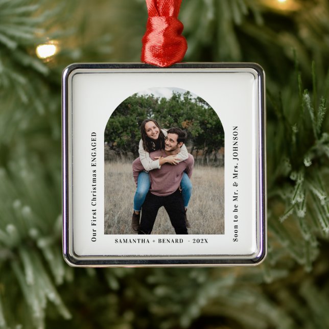 First Christmas Engaged Couples Photo Arch Metal Ornament (Tree)