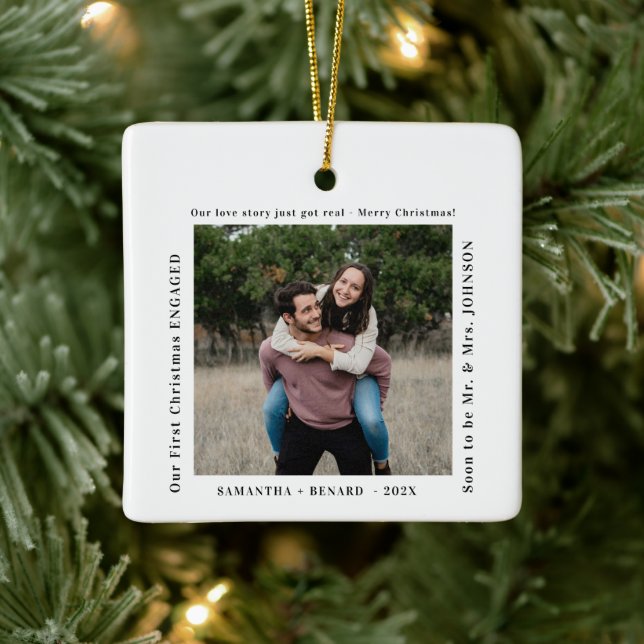 First Christmas Engaged Couples Photo Ceramic Ornament (Tree)
