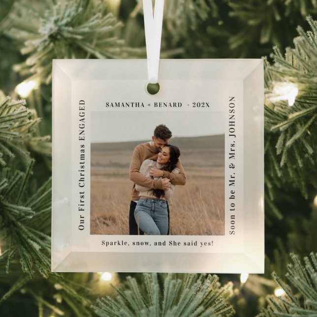 First Christmas Engaged  Couples Photo Glass Ornament (Insitu)