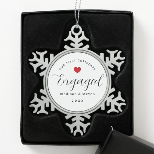 First Christmas Engaged Couples Script Keepsake Snowflake Pewter Christmas Ornament
