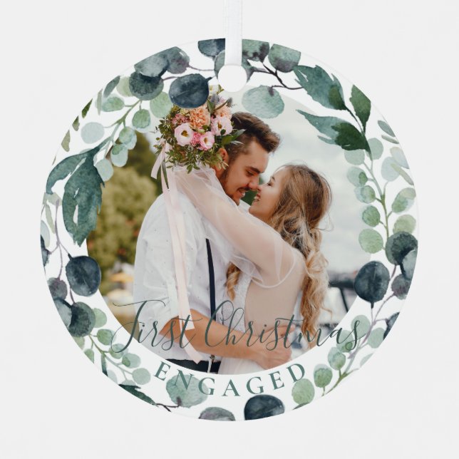 First Christmas engaged custom couple photo  Metal Ornament (Front)
