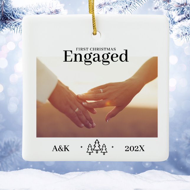 First Christmas Engaged Custom Photo 2026 Ceramic Ornament (Elegant First Christmas Engaged White Custom Photo Ceramic Ornament
)