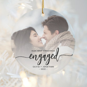 First Christmas Engaged Custom Photo Black Script Ceramic Ornament