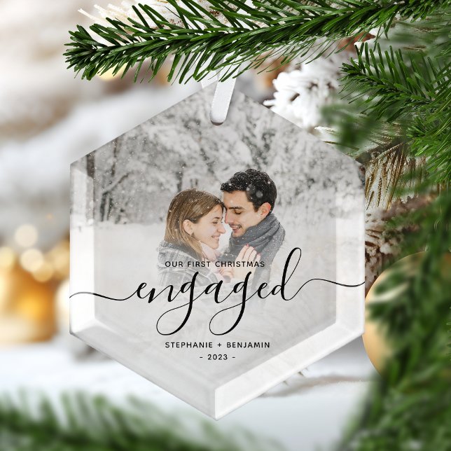 First Christmas Engaged Custom Photo Black Script Glass Ornament (Creator Uploaded)
