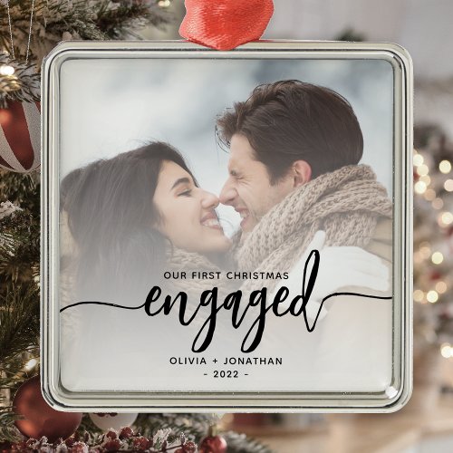 First Christmas Engaged Custom Photo Black Script Metal Ornament