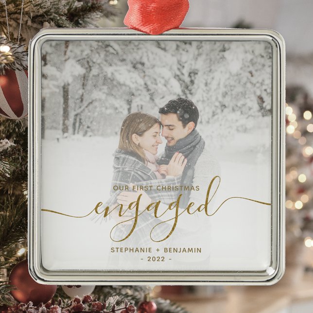 First Christmas Engaged Custom Photo Gold Script Metal Ornament (Creator Uploaded)