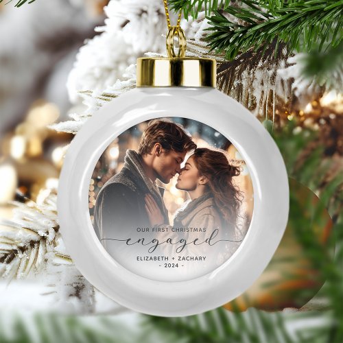 First Christmas Engaged Custom Photo Gray Script Ceramic Ball Christmas Ornament