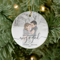 First Christmas Engaged Custom Photo Gray Script Ceramic Ornament