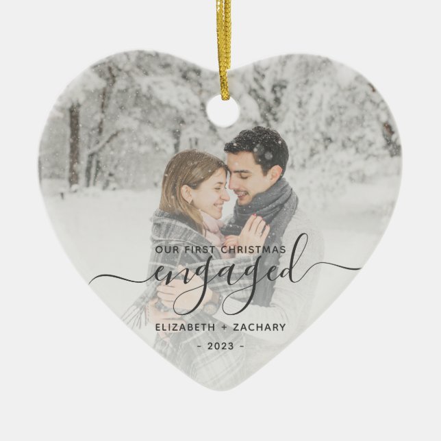 First Christmas Engaged Custom Photo Gray Script Ceramic Ornament (Front)