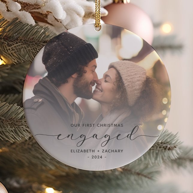 First Christmas Engaged Custom Photo Gray Script Ceramic Ornament (Creator Uploaded)