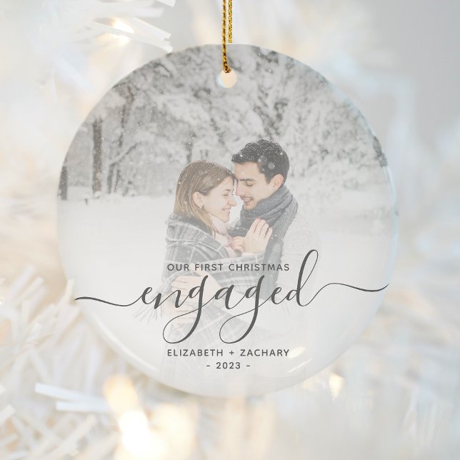 First Christmas Engaged Custom Photo Gray Script Ceramic Ornament (Creator Uploaded)