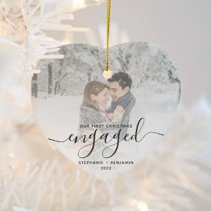 First Christmas Engaged Custom Photo Gray Script Ceramic Ornament