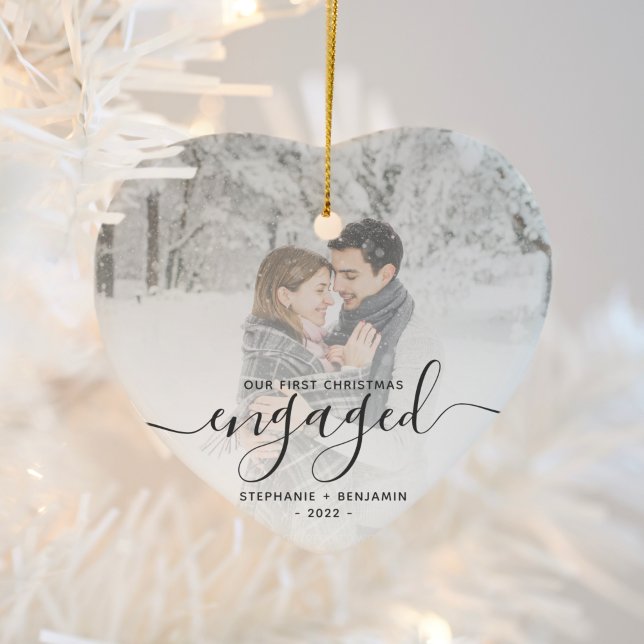 First Christmas Engaged Custom Photo Gray Script Ceramic Ornament (Creator Uploaded)