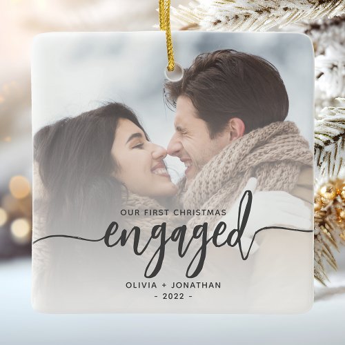 First Christmas Engaged Custom Photo Gray Script Ceramic Ornament