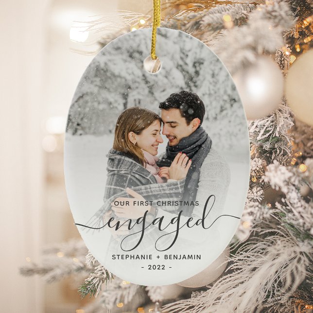 First Christmas Engaged Custom Photo Gray Script Ceramic Ornament (Creator Uploaded)