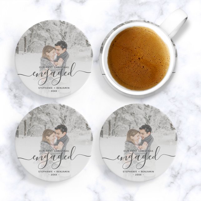 First Christmas Engaged Custom Photo Gray Script Coaster (Creator Uploaded)