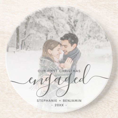 First Christmas Engaged Custom Photo Gray Script Coaster