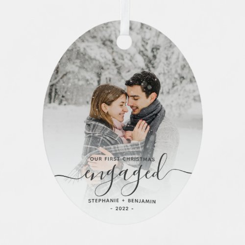 First Christmas Engaged Custom Photo Gray Script Metal Ornament