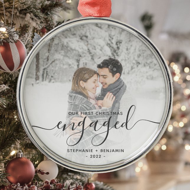First Christmas Engaged Custom Photo Gray Script Metal Ornament (Creator Uploaded)