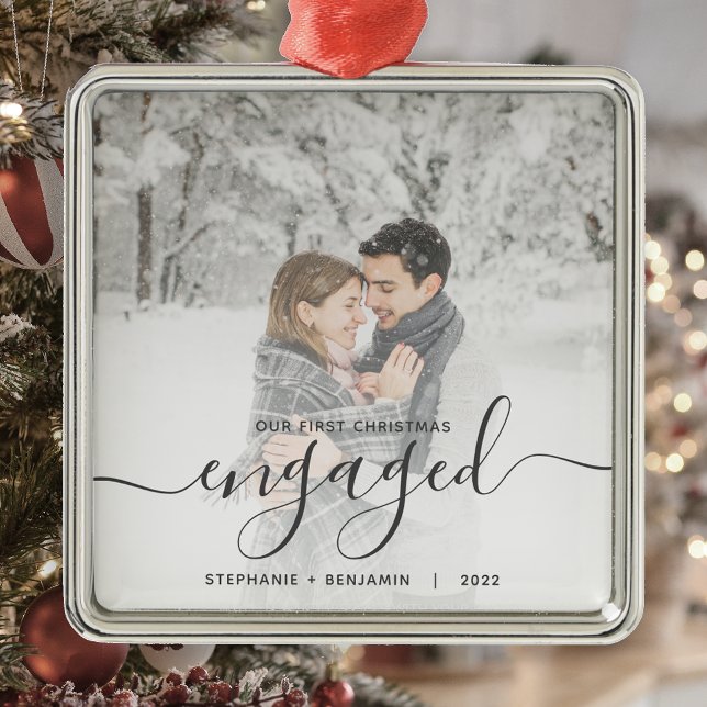 First Christmas Engaged Custom Photo Gray Script Metal Ornament (Creator Uploaded)