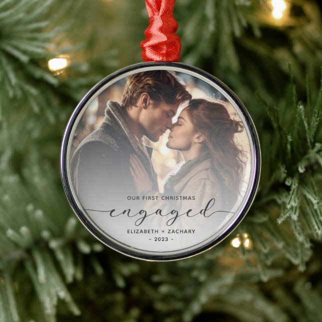 First Christmas Engaged Custom Photo Gray Script Metal Ornament (Tree)