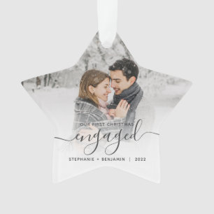 First Christmas Engaged Custom Photo Gray Script Ornament