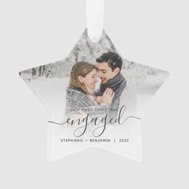 First Christmas Engaged Custom Photo Gray Script Ornament (Front)