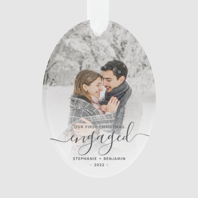 First Christmas Engaged Custom Photo Gray Script Ornament (Front)