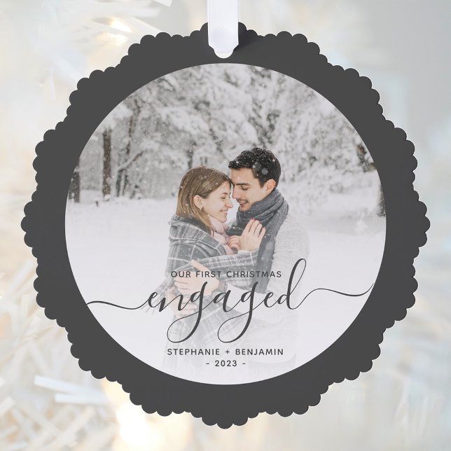 First Christmas Engaged Custom Photo Gray Script Ornament Card (Creator Uploaded)