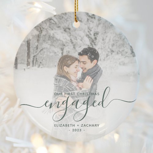 First Christmas Engaged Custom Photo Green Script Ceramic Ornament