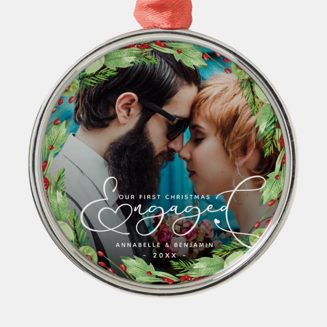 First Christmas Engaged Custom Photo  Metal Orname Ornament (Front)