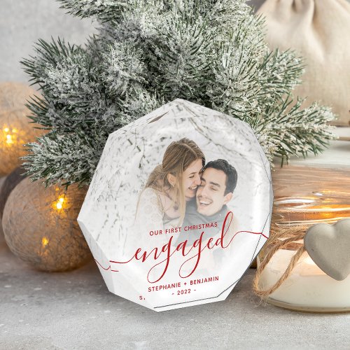 First Christmas Engaged Custom Photo Red Script