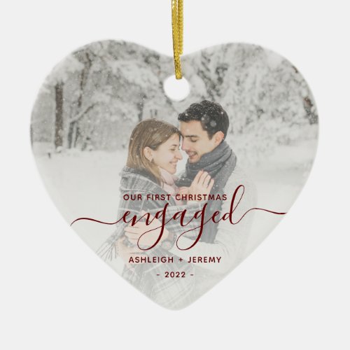 First Christmas Engaged Custom Photo Red Script Ceramic Ornament