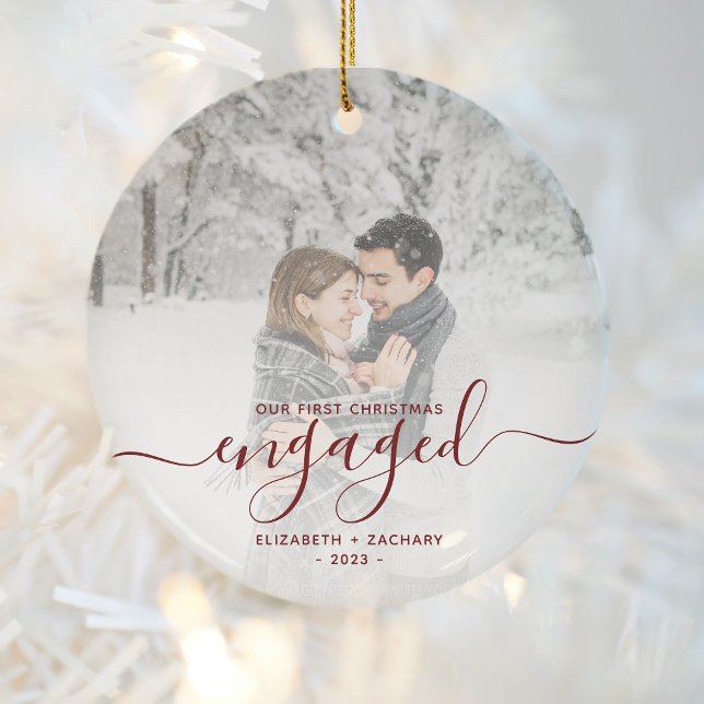 First Christmas Engaged Custom Photo Red Script Ceramic Ornament (Creator Uploaded)